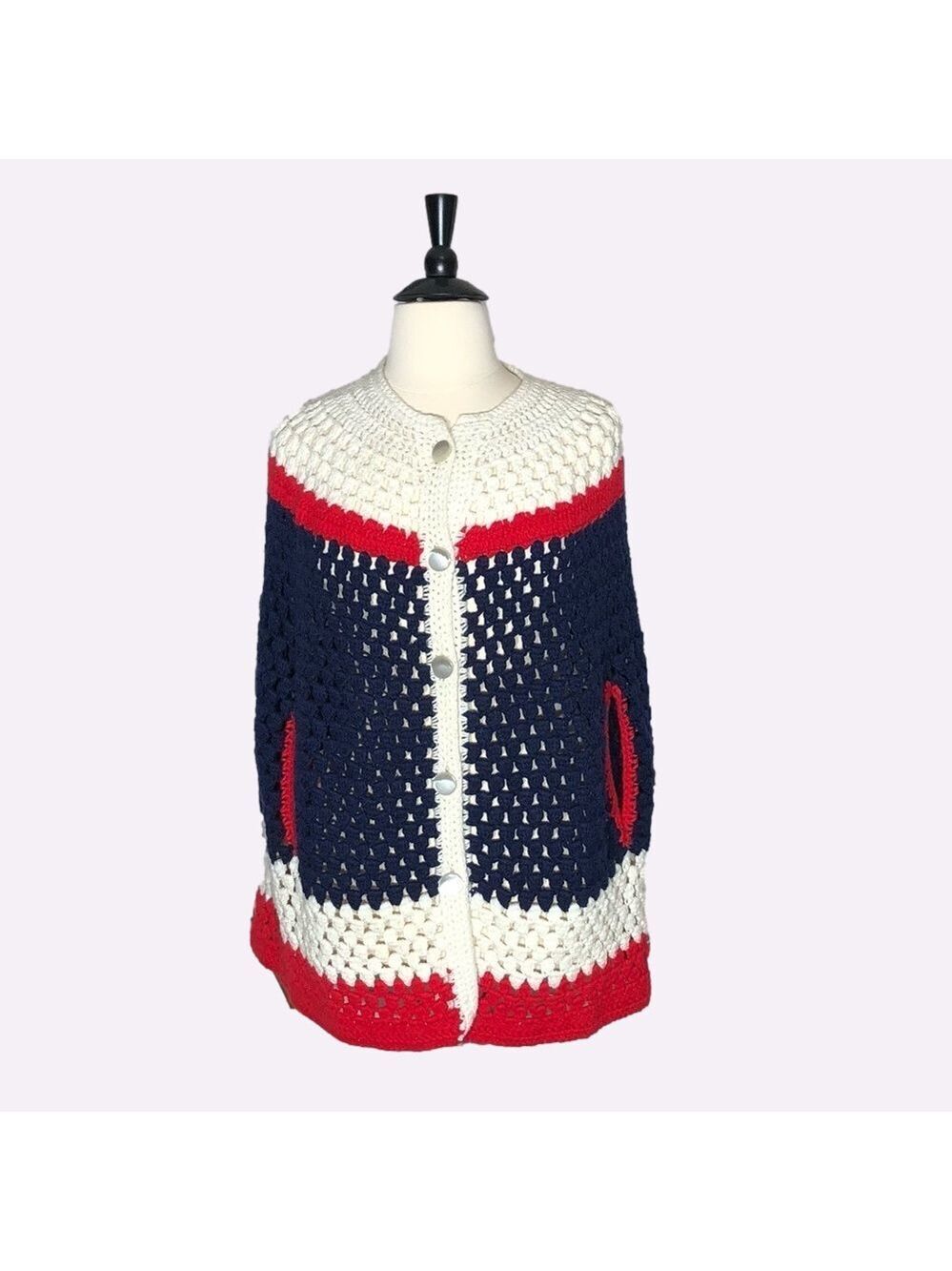 Vintage 80s 90s Wool Crocheted Poncho Cape Red White Blue Large XL
